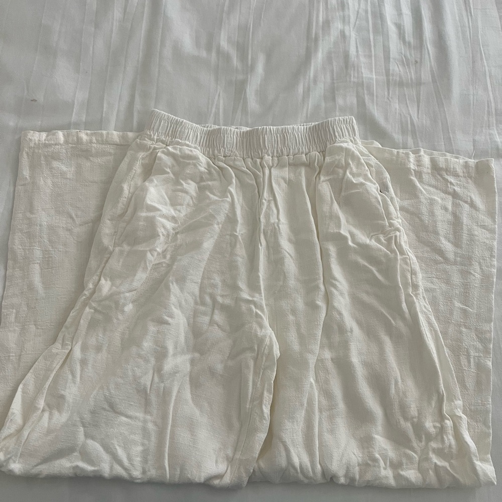 Cream Elastic Waist Linen Pants